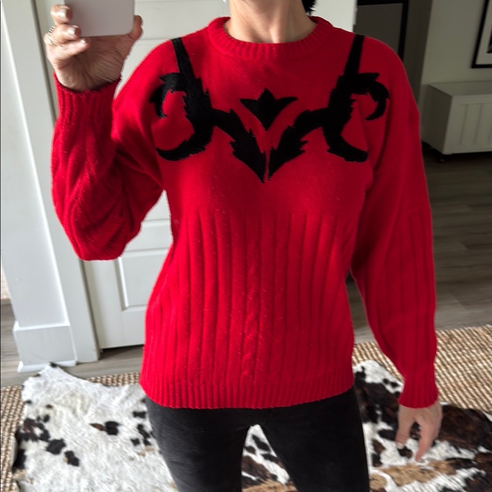 Vintage Red Sweater with Black Design Size Medium